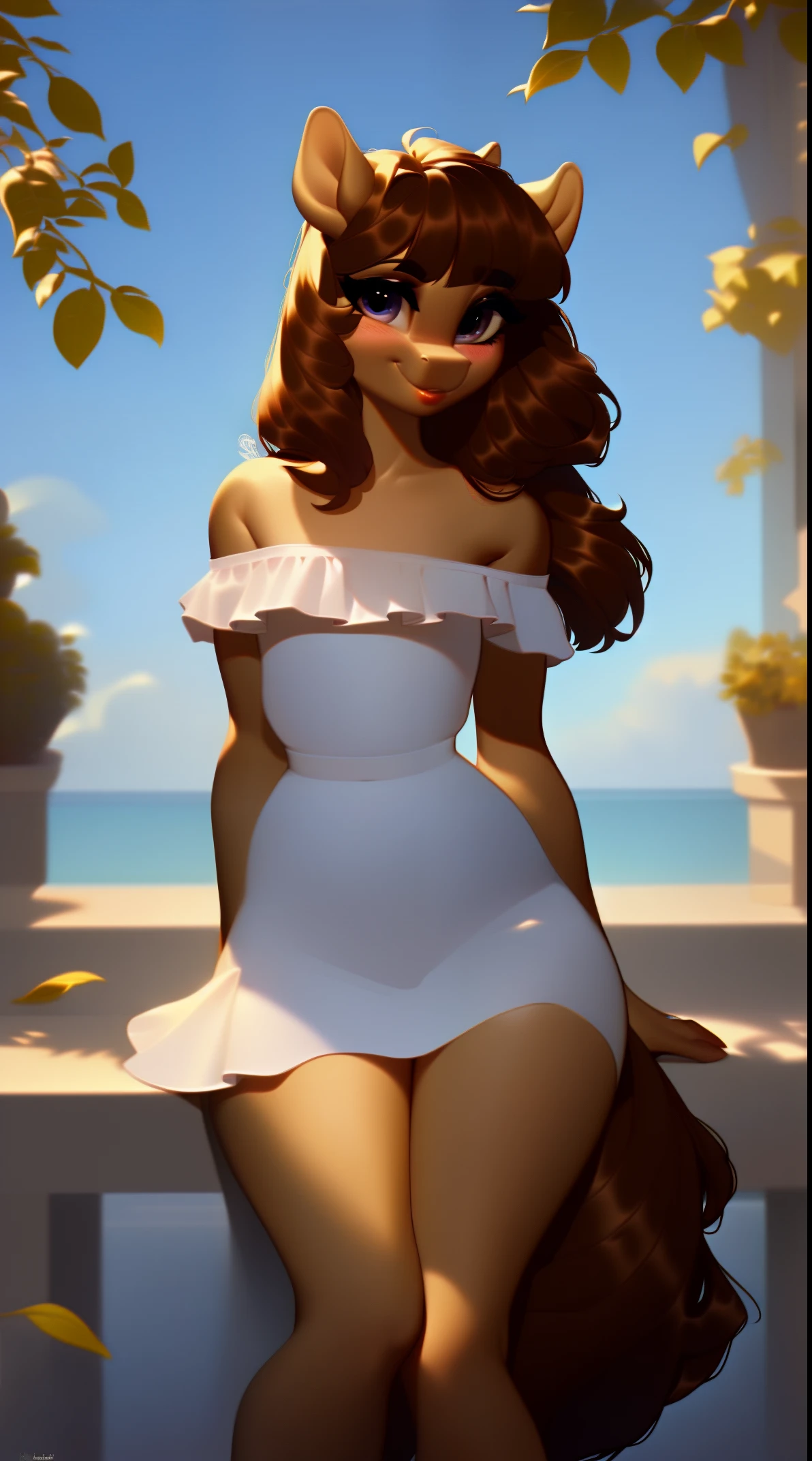 (score_9), (source_ derpibooru_p_95), (earth pony), ((anthro oc pony:1.1)), (shoulderless sun dress), very cute, blushing, cute smile, solo, realistic long brown hair, bangs, anatomically correct, flat chest, solo, curvy figure, high res, bottom lip, extremely detailed, teenager,