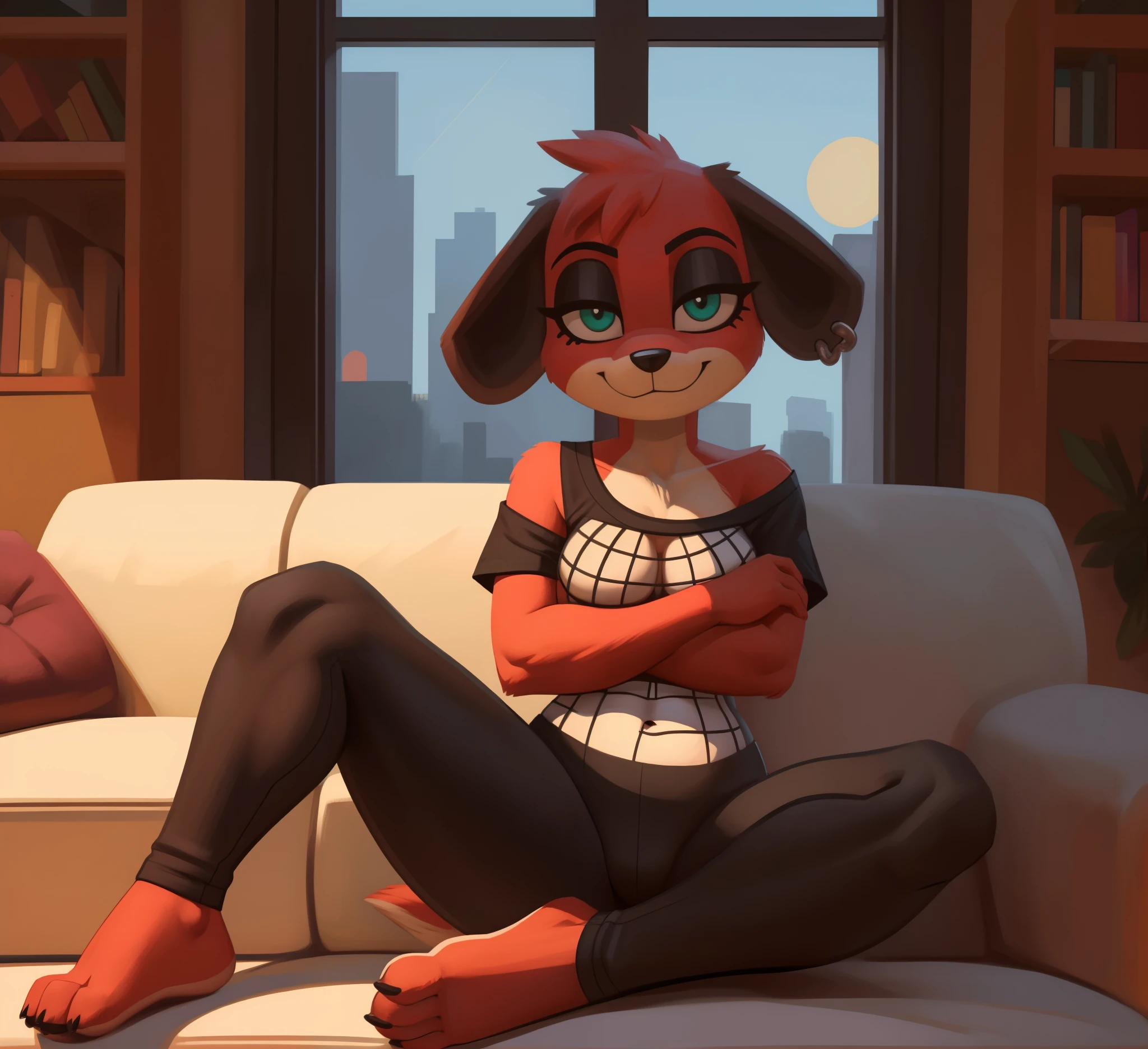 [Cherry], [Animal Crossing], [Uploaded to e621.net; (Pixelsketcher), (wamudraws)], ((masterpiece)), ((HD)), ((highres)), ((solo portrait)), ((full body)), ((front view)), ((feet visible)), ((furry; anthro)), ((detailed fur)), ((detailed shading)), ((beautiful render art)), ((intricate details)), {anthro; (slim figure), red fur, black nose, cute green eyes, (half-closed eyes), (black eyeshadow), (black spot over left eye), (long black ears), (black floppy dog ears), small fluffy tail, (curvy hips), (small boobs), (beautiful legs), (beautiful feet), (smug smirk)}, {(spiderweb off-shoulder tee shirt), (cleavage), (navel), (black spandex yoga pants), (silver earrings)}, {(sitting on couch), (crossed legs), (crossed arms), (looking at viewer)}, [background; (living room), (window), (blue sky), (sun rays), (ambient lighting)]