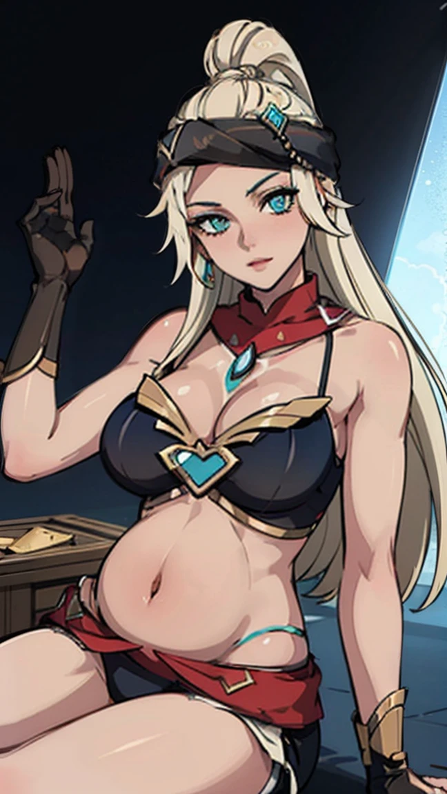 Very beautiful Nami (piece), subtle makeup, Huangzien hour, realistically, high contrast, 8K HD, detailed, hyper-detailed, realistically的皮肤纹理, orange long hair, Bikini tops only, child, Big breasts, best quality, ultra high resolution, RAW photos, dramatic lighting, Unreal Engine, diffuse glow, external, realistic detailed onep piece pirate ship, treasure chests, Huangzi, Huangzi coins, Huangzi bars.( Life:1.4)sitting,Pregnant women suffering from
