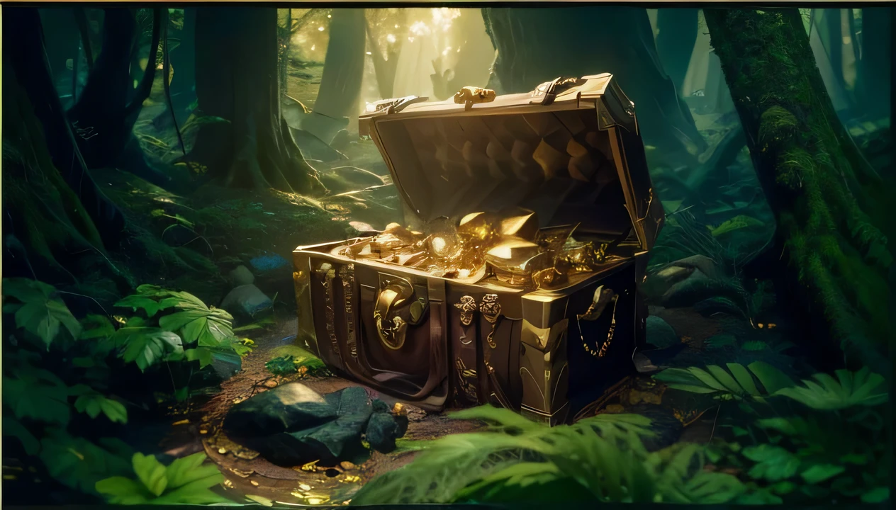 Fantasy Pirate Treasure Pile Dragon Hoard, open lid, open cover, treasure chest overflowing with gold and gems inside a vast and deep forest, dark realism, shiny gold, contrast, 8k, best quality, realistic photos, realistic details, facing the camera, clear deep forest background