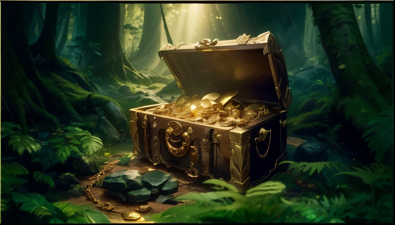Fantasy Pirate Treasure Pile Dragon Hoard, open lid, open cover, treasure chest overflowing with gold and gems inside a vast and deep forest, dark realism, shiny gold, contrast, 8k, best quality, realistic photos, realistic details, facing the camera, clear deep forest background