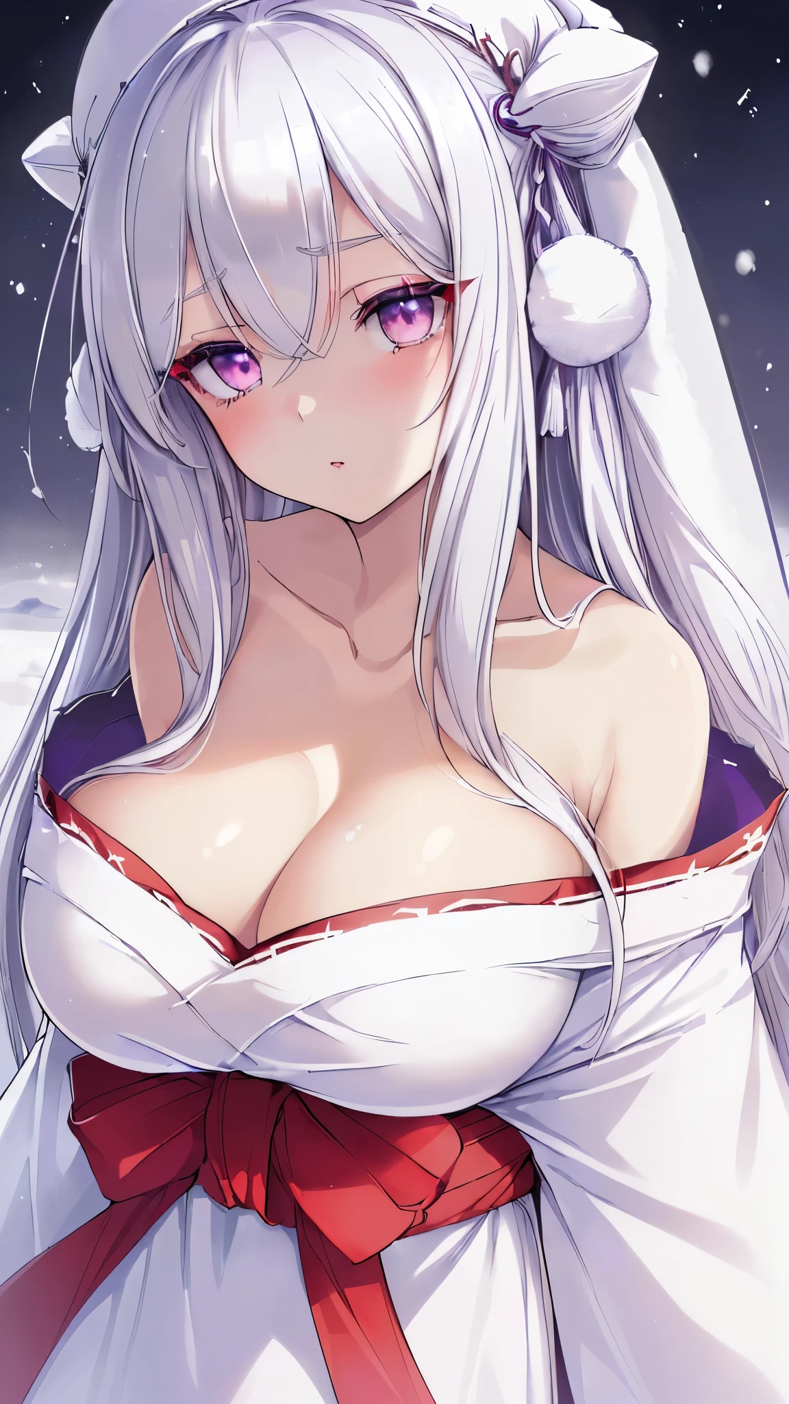 (snow girl:1.5), ( girl:1.4), (beautiful silver hair:1.3), (straight hair:1.3), (long hair:1.5), (red eyeshadow:1.5), (Big eyes:1.2), (Clear purple eyes:1.3), (droopy eyes:1.4), (Stinking eyes:1.5), (glossy lips:1.3), (sleepy look:1.4), (shiny skin:1.4), (exquisite female body:1.5), (beautiful clavicle:1.3), (well-shaped big breasts:1.5), (white ainu folk costume:1.5), (I can see the cleavage:1.5), (press your chest together:1.5), (face close up:1.3), (Only the upper body and head can be seen:1.5), (Diagonal angle:1.4), (High resolution:1.2), (highest quality:1.2), (8K:1.2),