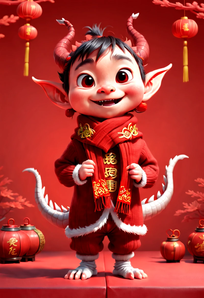 A Chinese little Elf, cute red Chinese dragon, Pixar style, red sweaters, tying red woolen scarf around their necks, performing congratulatory gesture. red festive background, Chinese elements, welcoming new year, octane render, (best quality, masterpiece, Representative work, official art, Professional, 8k:1.3)