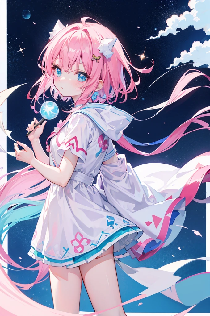 twin、pink hair、Light blue eyes、There only one double tail、idol clotheasterpiece、quality、Image quality,A cute anime gaidfuku in a beautiful dress,splash art anime loli,portrait of the magical girl,Popular on the ArtStation Pixiv,Best Rated on pixiv,动漫wind格4 K,动漫萌艺术wind格,Humanoid pink female squid girl,white socks,Roller skates, (watercolor\(middle\):1.25),splash of color,Fluid Abstract Art Hustle,colorful, // Flat color,by WLOP,(Double exposure of girl and universe:1.35), // (From the side:0.85), cowboy shooting,(1 girl:1.25), (+_+) ,solo, liquid star hair, Purple star short hair,Star-shaped hair accessories, Liquid Star Lace Dress Tulle Skirt,jewelry necklace, // Extremely detailed starry sky background,wind,nebula background,梦幻wind星云,(branch:1.15),在花开middle,((sticker:1.5)))、(((chibi character)))、(White background)、fluffy、girl with、Wizard costume、full body espian、pink hair、Pastel color sea story、T-shirt design、masterpiece、最佳quality、Milky white long hair milk,White clothes,Huhu has a very cute face,this cute sweet ???,cyan eyes,white hair,little girl,Big breasts,
