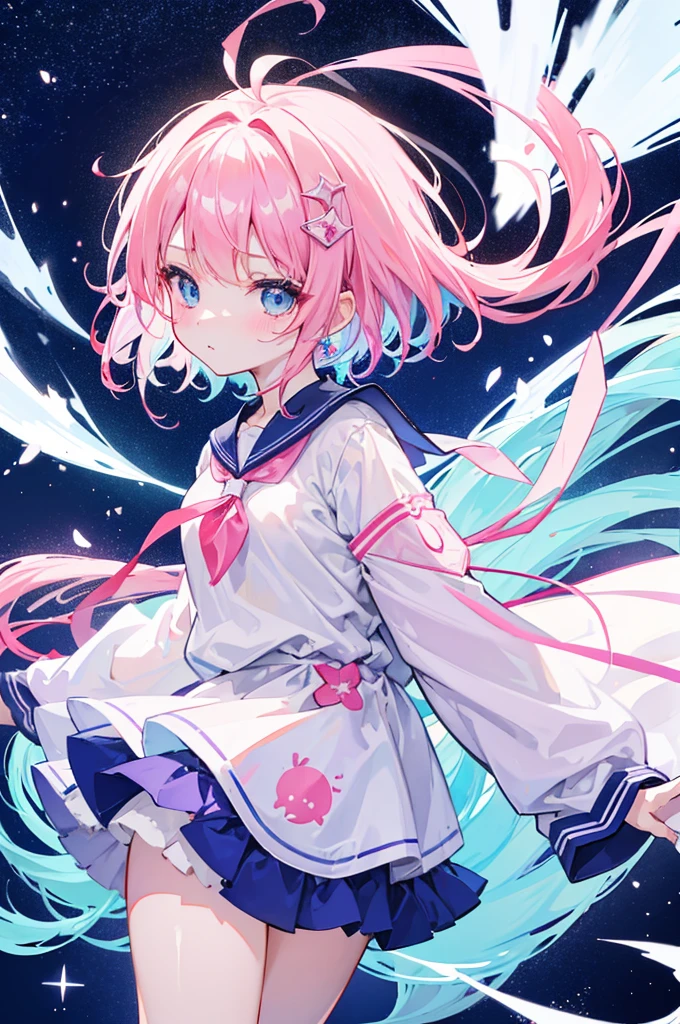 twin、pink hair、Light blue eyes、There  only one double tail、idol clotheasterpiece、quality、Image quality,A cute anime gaidfuku in a beautiful dress，splash art anime loli，portrait of the magical girl，Popular on the ArtStation Pixiv，Best Rated on pixiv，动漫wind格4 K，动漫萌艺术wind格，Humanoid pink female squid girl,white socks，Roller skates， （watercolor\（middle\）：1.25），splash of color，Fluid Abstract Art Hustle，colorful， // Flat color，by WLOP，（Double exposure of girl and universe：1.35）， // （From the side：0.85）， cowboy shooting，（1 girl：1.25）， (+_+) ，solo， liquid star hair， Purple star short hair，Star-shaped hair accessories， Liquid Star Lace Dress Tulle Skirt，jewelry necklace， // Extremely detailed starry sky background，wind，nebula background，梦幻wind星云，（branch：1.15），在花开middle，（（sticker：1.5）））、（（（chibi character）））、（White background）、fluffy、girl with、Wizard costume、full body espian、pink hair、Pastel color sea story、T-shirt design、masterpiece、最佳quality、Milky white long hair milk，White clothes，Huhu has a very cute face，this cute sweet ???，cyan eyes，white hair，little girl，Big breasts,