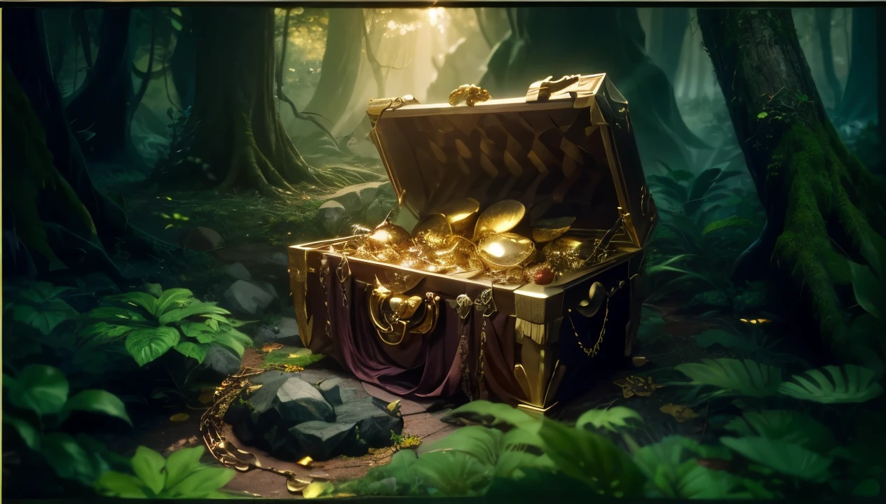 Fantasy Pirate Treasure Pile Dragon Hoard, open lid, open cover, treasure chest overflowing with gold and gems inside a vast and deep forest, dark realism, shiny gold, contrast, 8k, best quality, realistic photos, realistic details, facing the camera, clear deep forest background