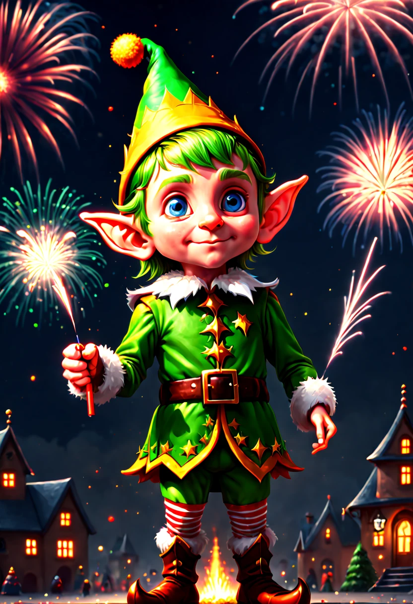 a cute Elf, high-definition art illustration, New Year Eve, fireworks, celebrations, octane render, (best quality, masterpiece, Representative work, official art, Professional, 8k:1.3)