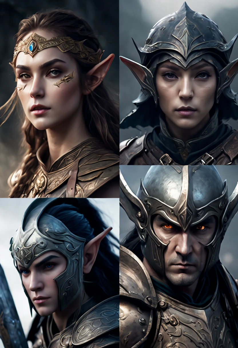 (first person,perspective,detailed,Elf Portraits:1.2,flying over,battlefield,capsuled elfs,ancient warriors,ancient armor,martial arts,misty atmosphere,dramatic lighting,high contrast,warrior in calm,-packed,war cries,weapons calm after battle) three side view, 1 side potrait,2 side close, 3 side in the batlle, face close up, (3 face portraits photo collage) ((close up face))