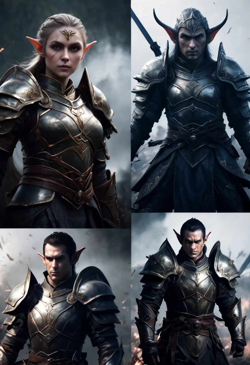 (first person,perspective,detailed,Elf Portraits:1.2,flying over,battlefield,capsuled elfs,ancient warriors,ancient armor,martial arts,misty atmosphere,dramatic lighting,high contrast,warrior in calm,-packed,war cries,weapons calm after battle) three side view, 1 side potrait,2 side close, 3 side in the batlle, face close up, (3 face portraits photo collage) ((close up face))