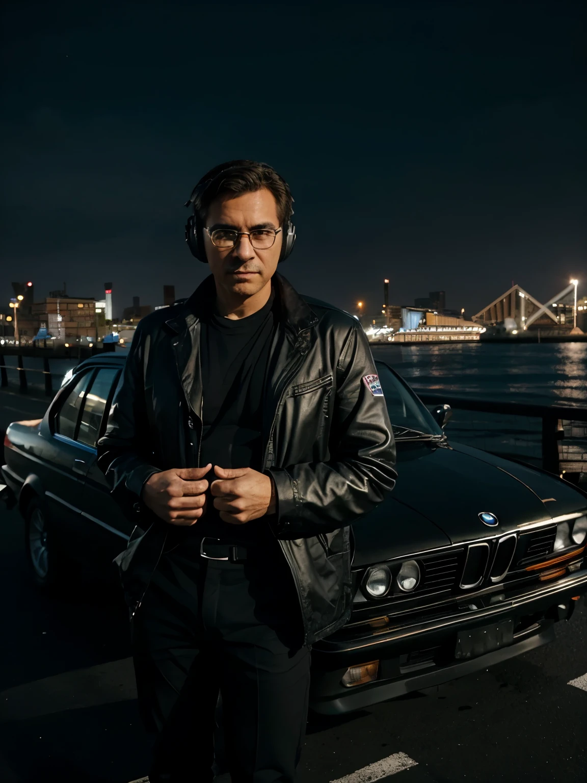 Man stand side of old bmw car, bmw e30 car parked, man look at camera, at the pier, solo, man wear glasses and black headphones, man wear black jacket and black pants, new york city, modern style, 8k quality, masterpiece, high details, daytime