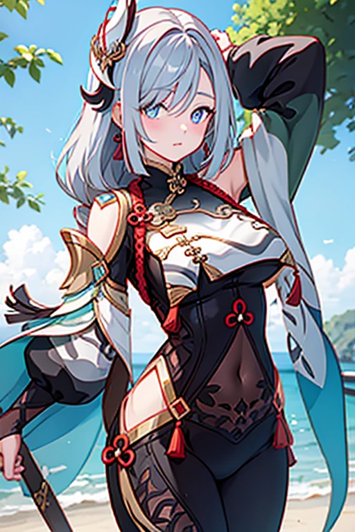 Shenhe Genshin impact, tight clothes, busty, seductive, realistic, best quality, masterpiece, thick thighs, solo