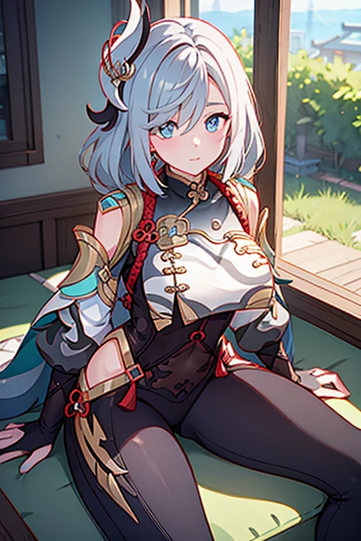 Shenhe Genshin impact, tight clothes, busty, seductive, realistic, best quality, masterpiece, thick thighs, solo