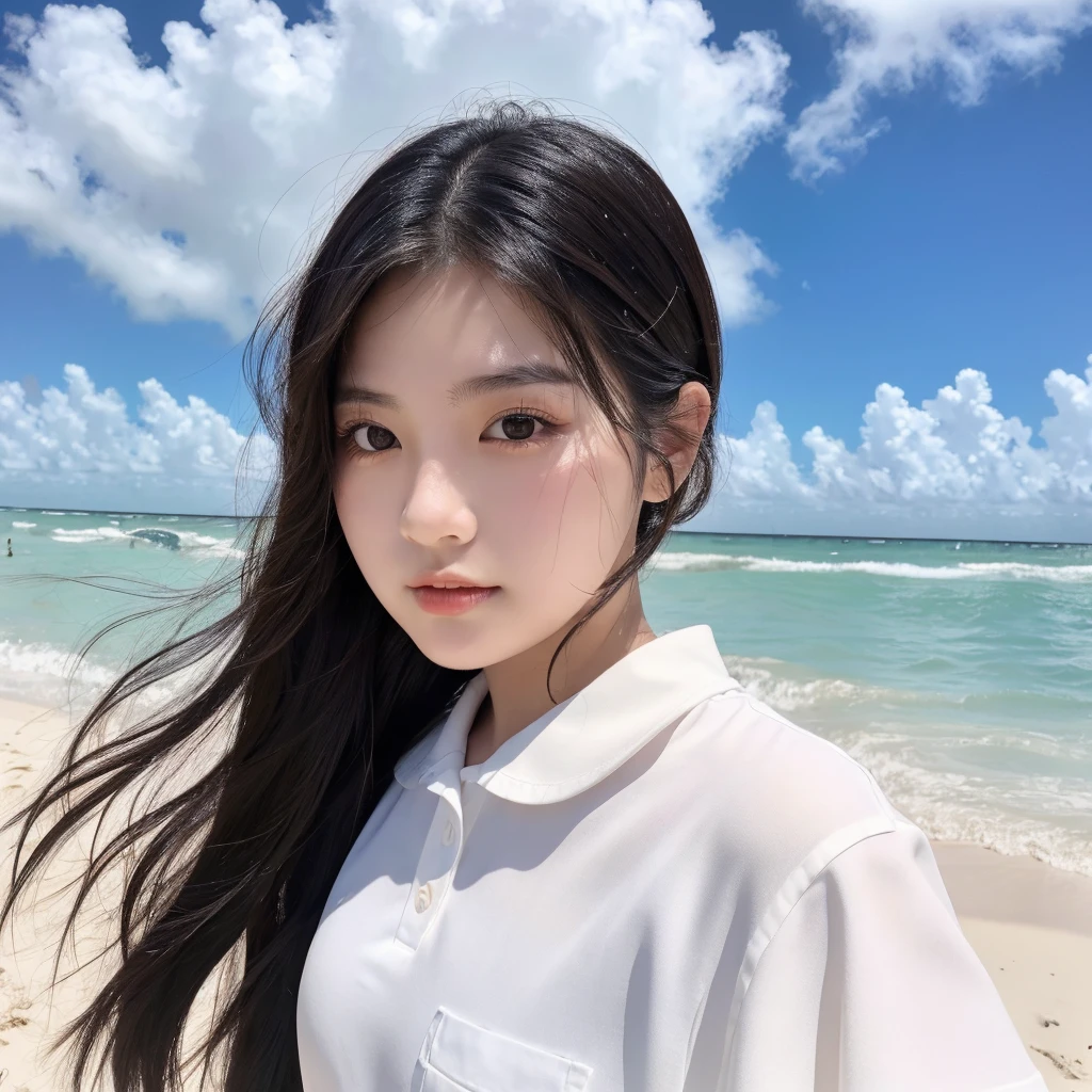 Korean girl with brown eyes black hair at beach in Florida wearing a white shirt, selfie style photo