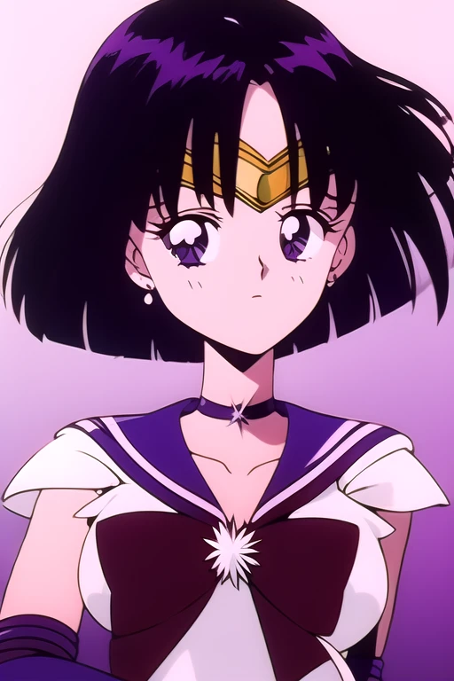 HotaruTomoe, (sailor Saturn , purple hair, short hair, elbow gloves, neck ribbon, bangs, bob hair, circlet) night background with stars. 