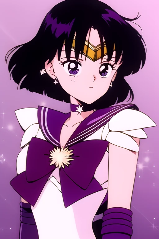 HotaruTomoe, (sailor Saturn , purple hair, short hair, elbow gloves, neck ribbon, bangs, bob hair, circlet) night background with stars.