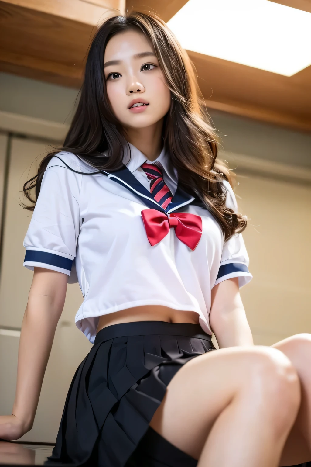 (1 girl), brown hair, wonderful face and eyes, pink eyes, (胸が大きく開いたhigh school uniform:1.4), beautiful big breasts, bare chest, (amazingly beautiful girl), brown hair, (high school uniform, pleated skirt:1.5), ((highest quality)), (Super detailed), (very detailed CG 統合 8k 壁紙), very detailed, High resolution RAW color photos, professional photography, sitting, ((Please spread the word about Legoke..))), written boundary depth, (view from below:1.2),