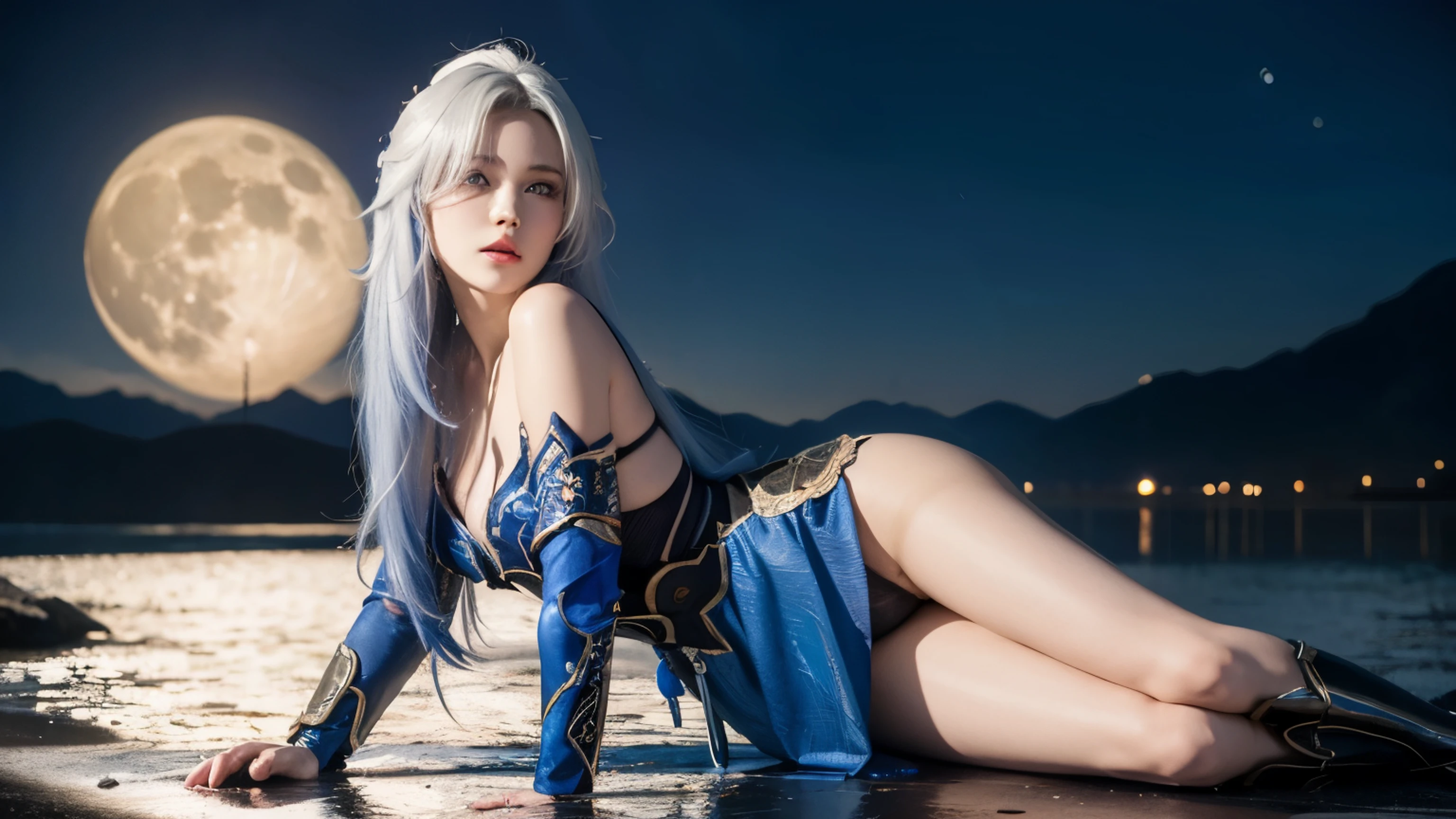 a beautiful woman in a silver and blue dress, chengwei pan on artstation, by Yang J, detailed fantasy art, stunning character art, fanart best artstation, epic exquisite character art, beautiful and sexy armor, pale skins, show her bare sexy ass, extremely detailed artgerm, detailed digital anime art, artgerm on artstation pixiv, armor girl, Full moon in back,