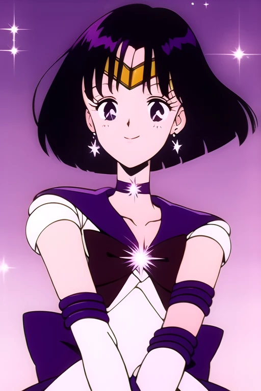 HotaruTomoe, (sailor Saturn , purple hair, short hair, elbow gloves, neck ribbon, bangs, bob hair, circlet) night background with stars, smile.