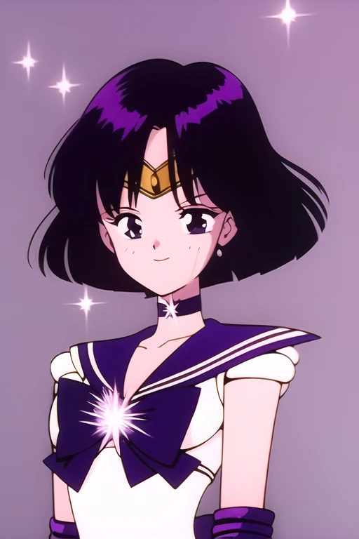 HotaruTomoe, (sailor Saturn , purple hair, short hair, elbow gloves, neck ribbon, bangs, bob hair, circlet) night background with stars, smile.