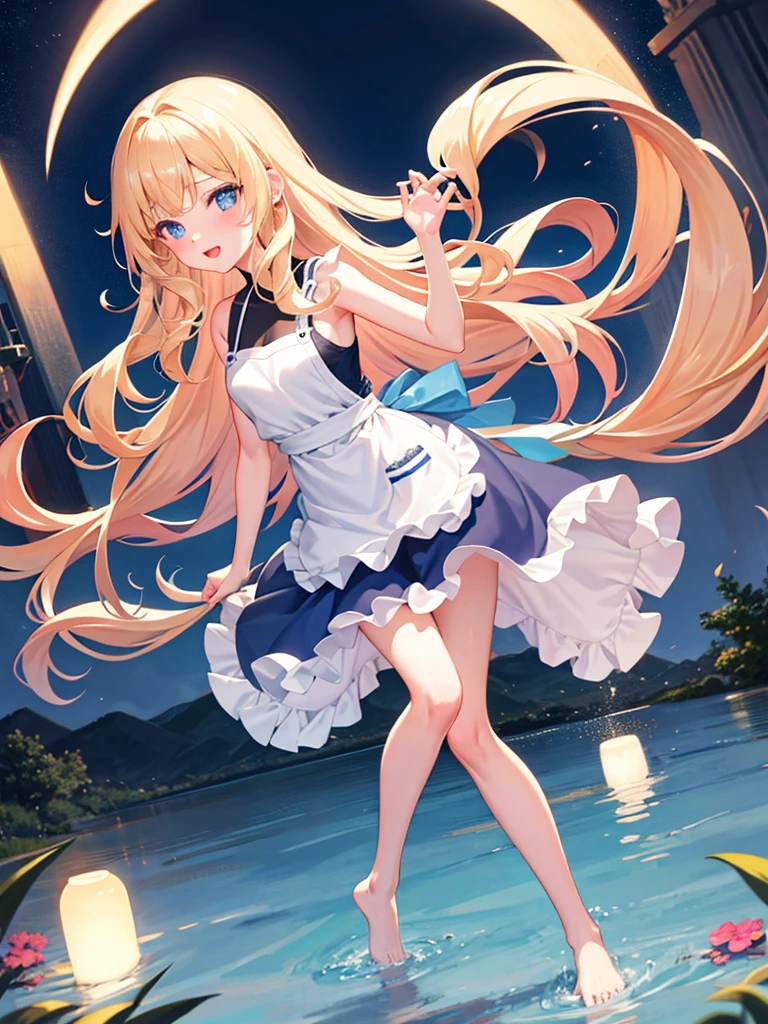 Girl Standing On Water、blonde、Wavy Hair、blue eyes、semi-long、apron dress、beautiful eyes、Sparkling、Standing Girl、one girl、14age、Beautiful scenery、moonlight、big moon in the background、high resolution、night view、The Lost City、long hair、barefoot、whole body、A blizzard of falling flowers、pretty fingers、beautiful feet、small breasts、