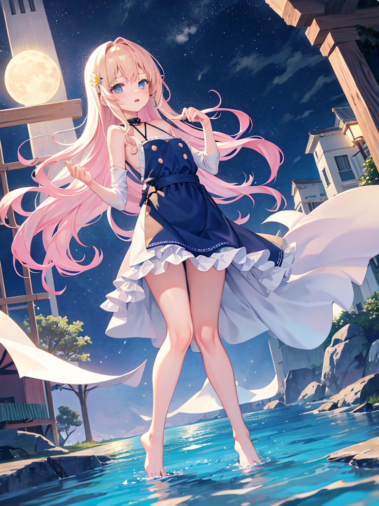 Girl Standing On Water、blonde、Wavy Hair、blue eyes、semi-long、apron dress、beautiful eyes、Sparkling、Standing Girl、one girl、１４age、Beautiful scenery、moonlight、big moon in the background、high resolution、night view、The Lost City、long hair、barefoot、whole body、A blizzard of falling flowers、pretty fingers、beautiful feet、small breasts、