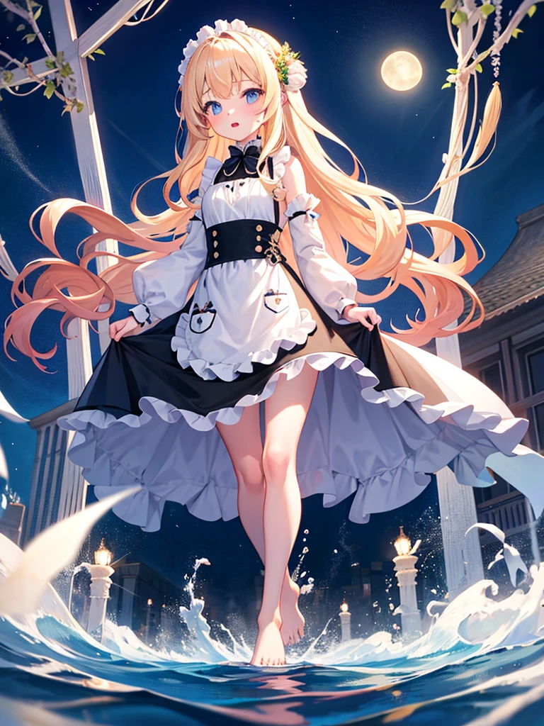 Girl Standing On Water、blonde、Wavy Hair、blue eyes、semi-long、apron dress、beautiful eyes、Sparkling、Standing Girl、one girl、14age、Beautiful scenery、moonlight、big moon in the background、high resolution、night view、The Lost City、long hair、barefoot、whole body、A blizzard of falling flowers、pretty fingers、beautiful feet、small breasts、