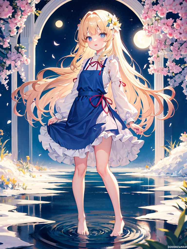 Girl Standing On Water、blonde、Wavy Hair、blue eyes、semi-long、apron dress、beautiful eyes、Sparkling、Standing Girl、one girl、14age、Beautiful scenery、moonlight、big moon in the background、high resolution、night view、The Lost City、long hair、barefoot、whole body、A blizzard of falling flowers、pretty fingers、beautiful feet、small breasts、