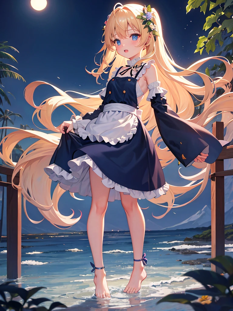 photo realistic, photo realistic, photo realistic, (masterpiece,best quality:1.4),(8k,raw photo,photo realistic:1.2),Not Safe for Work, detailed skin,detailed face,1girl,Japanese idol,cute face,,, Girl Standing On Water、blonde、Wavy Hair、blue eyes、semi-long、no skirt 、White frills pants、lift your skirt、nude、beautiful eyes、Sparkling、Eyes that seem to be sucked in、Standing Girl、one girl、20age、Beautiful scenery、moonlight、A very big moon、Beautiful starry sky、shooting star、high resolution、night view、The Lost City、barefoot、whole body、Scattering Flowers、Hanabubuki、pretty fingers、beautiful feet、small breasts、girl in return、broken town、Fluttering feathers、frills、The whole screen is sparkling、Lots of feathers、fantasy、mysterious、face angle,upper body up、