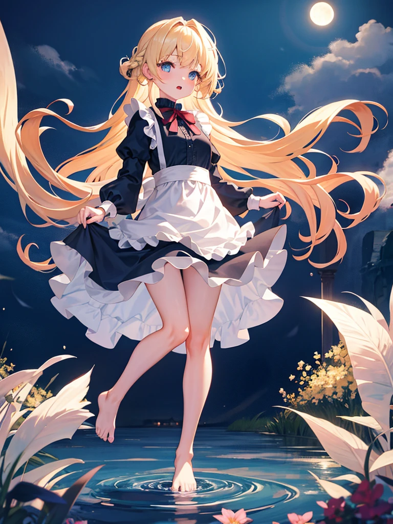 Girl Standing On Water、blonde、Wavy Hair、blue eyes、semi-long、apron dress、beautiful eyes、Sparkling、Standing Girl、one girl、１４age、Beautiful scenery、moonlight、big moon in the background、high resolution、night view、The Lost City、long hair、barefoot、whole body、A blizzard of falling flowers、pretty fingers、beautiful feet、small breasts、girl in return、