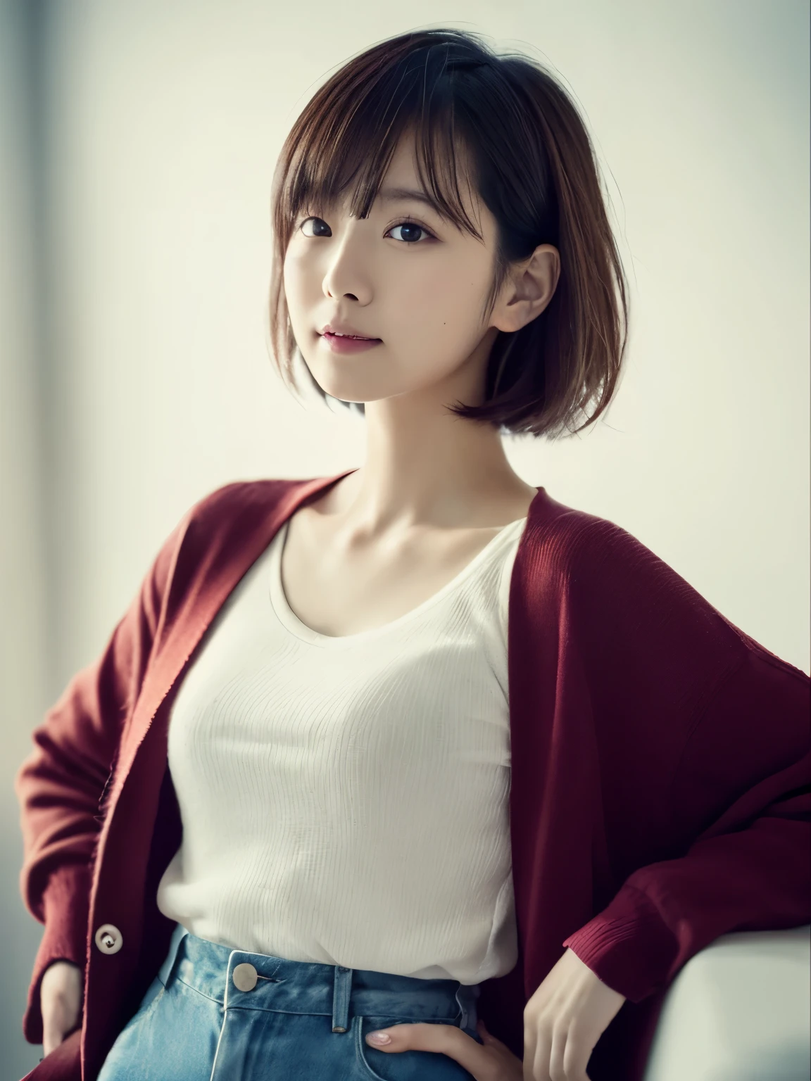 ((masutepiece,top-quality)), (photographrealistic:1.4),((masutepiece,8K)),hight resolution,Studio Soft Light, Rim Lights, vibrant detail, realistic skin textures,Japanese, 1 beautiful woman, Short hair, Wave hair, faint thin bangs, make - up, 38 years, Detailed skin, cardigan, wide-leg pants, White background, White Room,white walls, fully body photo, Looking at Viewer