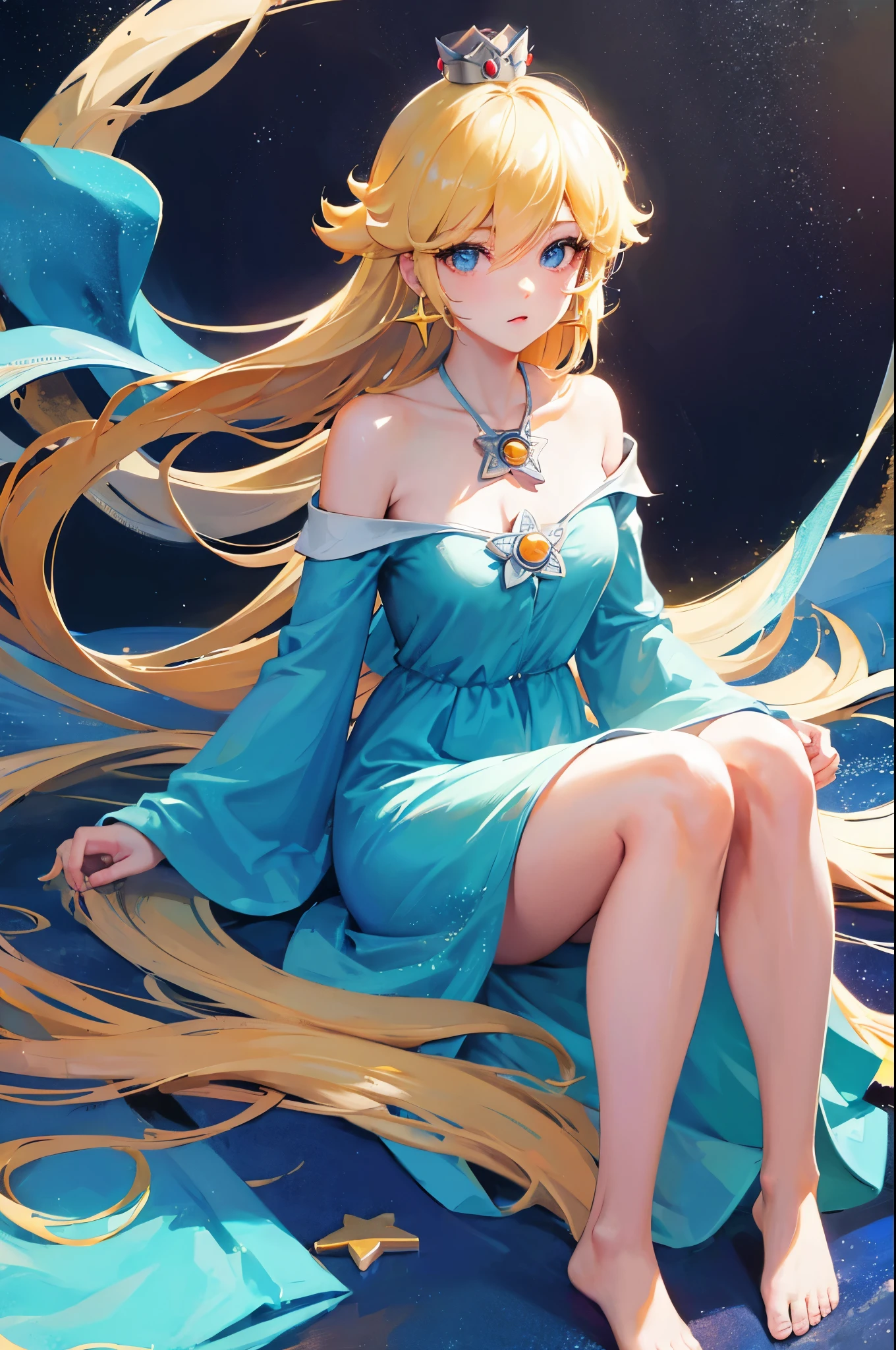 (masterpiece), best quality, expressive eyes, perfect face, highres, 1 girl, solo, rosalina, blonde hair, blue eyes, hair over one eye, long hair, blue dress, crown, dress, earrings, jewelry, princess, robe, bare shoulders, barefoot, star earrings, space, starry background, glowing particles, good illumination, sitting on floor, portrait, looking at the viewer