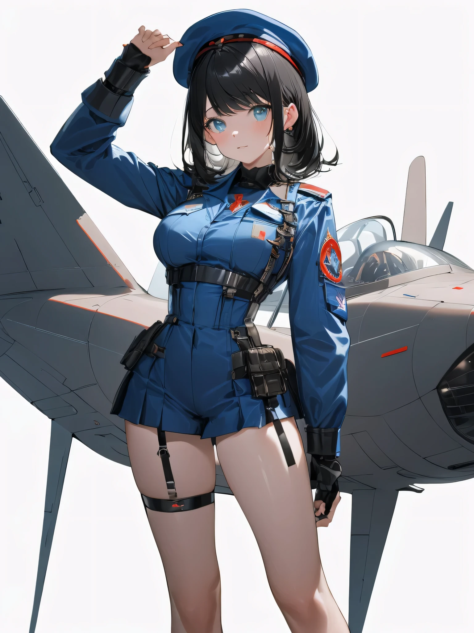 ((Best quality, 8K, Ultra-detailed, Masterpiece: 1.3)), 3 girl, Shiny skin, Sharp, Perfect body beauty, realistic shadow perfect body,("Dark grey and dark blue navy officer uniform,beret,futuristic,Transparent ":1.2),Big_Breasts ,Young girl, short girl,upper legs , indoors, White background,cleavage, standing arms down, fighter pilot harness,M legs， your ass, ("ahoge,Black hair":1.5), portrait shot,(" no background,no object":2)