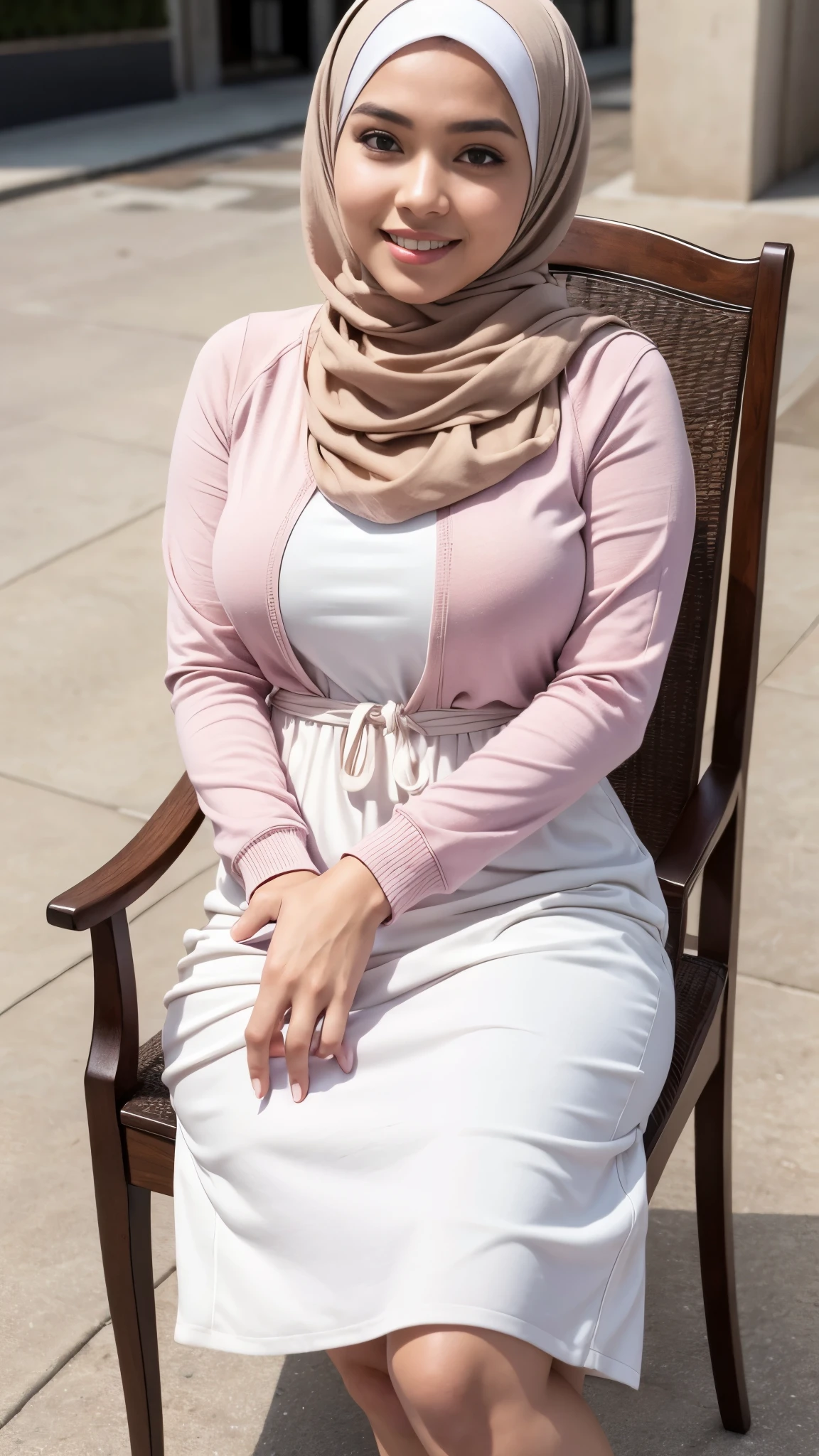 (Best quality, high resolution, masterpiece: 1.3), a beautiful malay woman in hijab, big breasts, slim figure, sweatshirt, beautifully presented details in the street and facial and skin texture, detailed eyes, double eyelids, big eyeschest visible, shirt openfeatures), HDR, 8k resolution, nice fingers, firm skin, (((high detail skin, visible pores))), 1 female, very beautifull face, beautifull women, tall body, woman in a white floral dress sitting on a chair, hijab, brown and pink color scheme, katelynn mini cute style, Close Up Tight Hijab, Full Body, Beautiful Shy Smile, In Lux