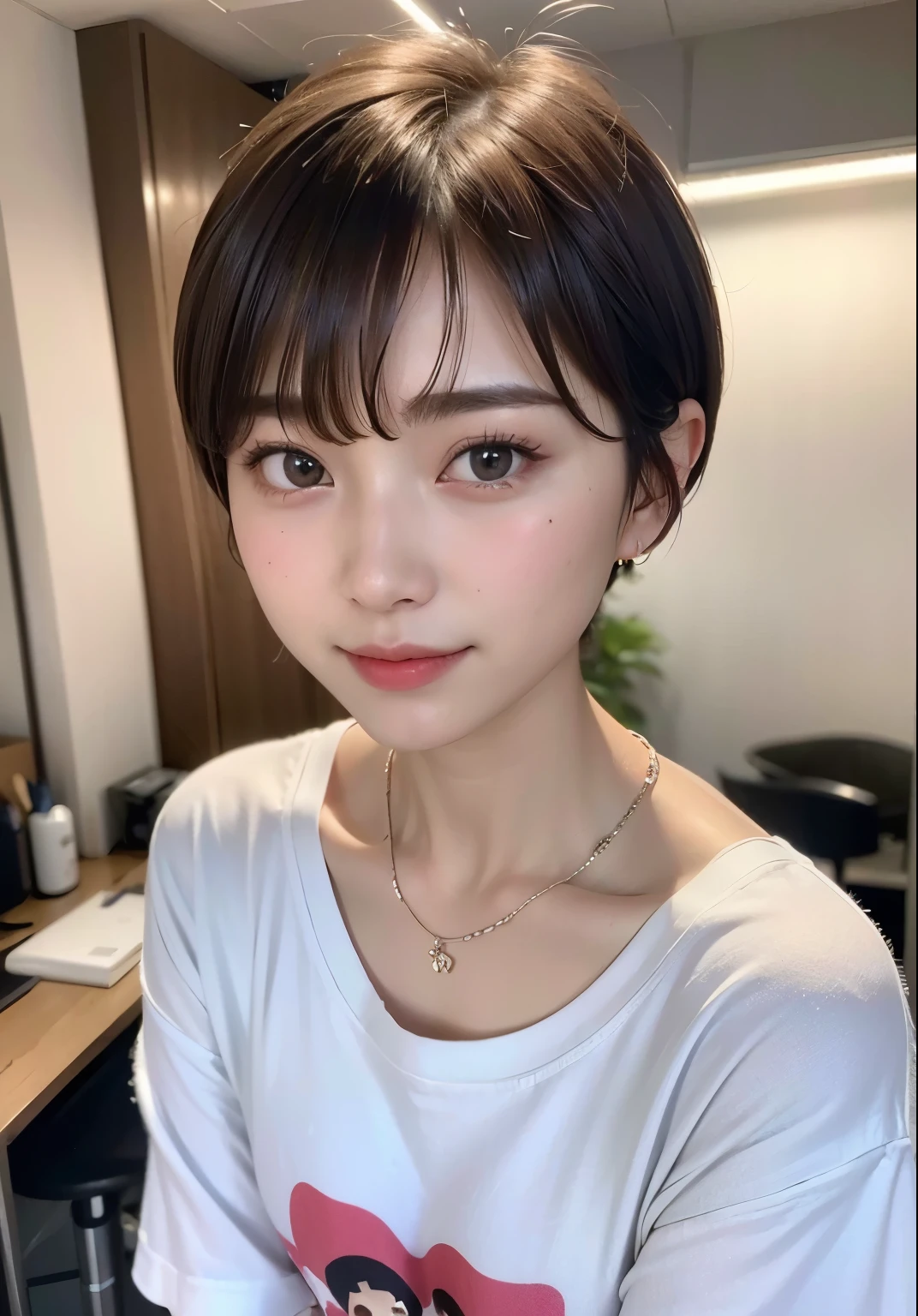 ((highest quality))、(masterpiece:1.4)、RAW photo、8K、((best image quality))、 ((highest resolution))、ultra fine photo、delicate face、Beautiful face in every detail、very detailed、(one woman:1.3)、realistic、(short hair:1.4)、(cute woman:1.3)、((boyish))、(Beautiful woman)、[[smile]]、necklace、small face、long neck、8 heads tall、concert t-shirt、(oversized clothes)