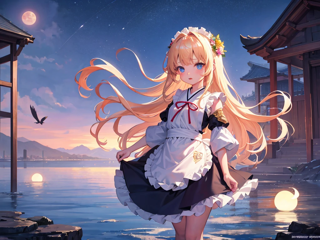 photo realistic, photo realistic, photo realistic, (masterpiece,best quality:1.4),(8k,raw photo,photo realistic:1.2),Not Safe for Work, detailed skin,detailed face,1girl,Japanese idol,cute face,Child,petite, Girl Standing On Water、blonde、Wavy Hair、blue eyes、semi-long、apron dress、beautiful eyes、Sparkling、Standing Girl、one girl、14age、Beautiful scenery、moonlight、A very big moon、high resolution、night view、The Lost City、barefoot、whole body、A blizzard of falling flowers、pretty fingers、beautiful feet、small breasts、girl in return、broken town、Fluttering feathers、