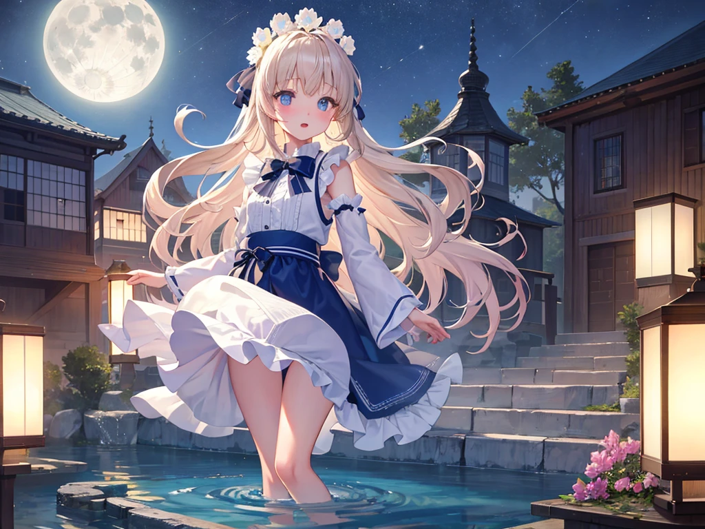 photo realistic, photo realistic, photo realistic, (masterpiece,best quality:1.4),(8k,raw photo,photo realistic:1.2),Not Safe for Work, detailed skin,detailed face,1girl,Japanese idol,cute face,Child,petite, Girl Standing On Water、blonde、Wavy Hair、blue eyes、semi-long、apron dress、beautiful eyes、Sparkling、Standing Girl、one girl、14age、Beautiful scenery、moonlight、A very big moon、high resolution、night view、The Lost City、barefoot、whole body、A blizzard of falling flowers、pretty fingers、beautiful feet、small breasts、girl in return、broken town、Fluttering feathers、