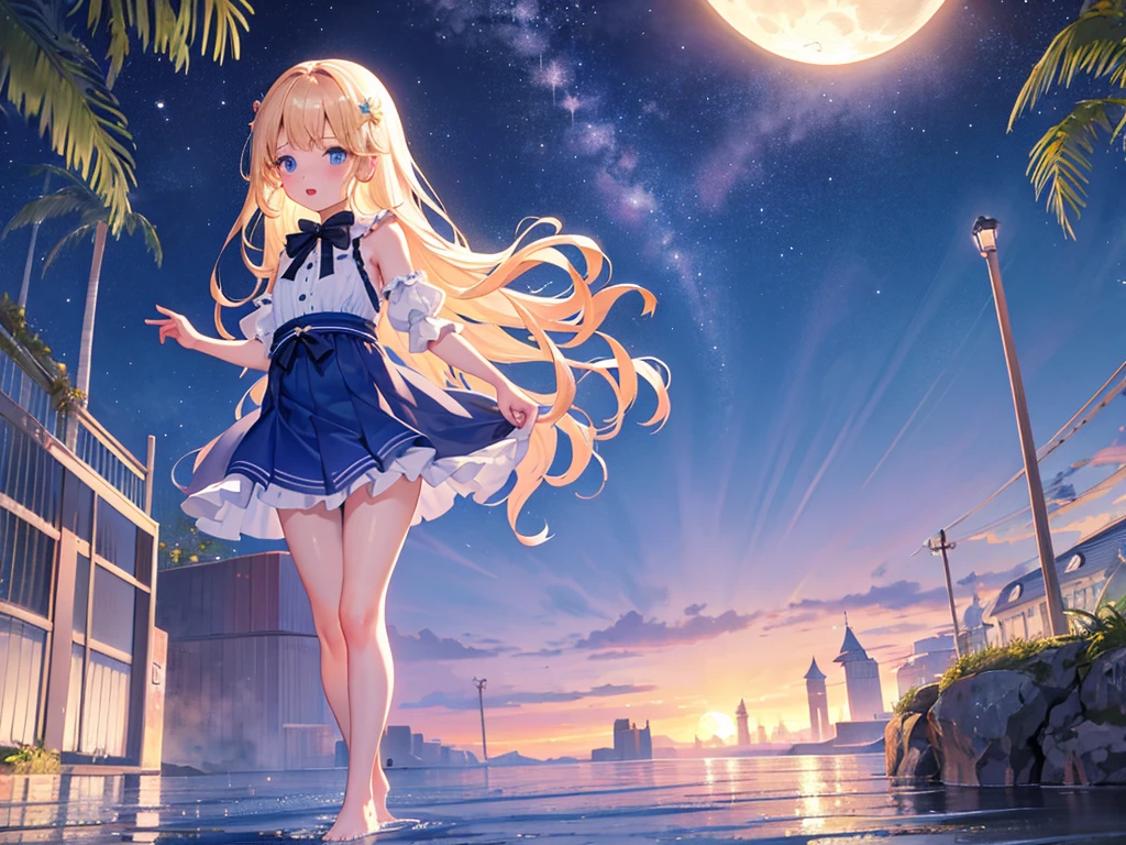 photo realistic, photo realistic, photo realistic, (masterpiece,best quality:1.4),(8k,raw photo,photo realistic:1.2),Not Safe for Work, detailed skin,detailed face,1girl,Japanese idol,cute face,Child,petite, Girl Standing On Water、blonde、Wavy Hair、blue eyes、semi-long、mini skirt、light blue apron dress、beautiful eyes、Sparkling、Standing Girl、one girl、14age、Beautiful scenery、moonlight、A very big moon、high resolution、night view、The Lost City、barefoot、whole body、A blizzard of falling flowers、pretty fingers、beautiful feet、small breasts、girl in return、broken town、Fluttering feathers、frills、