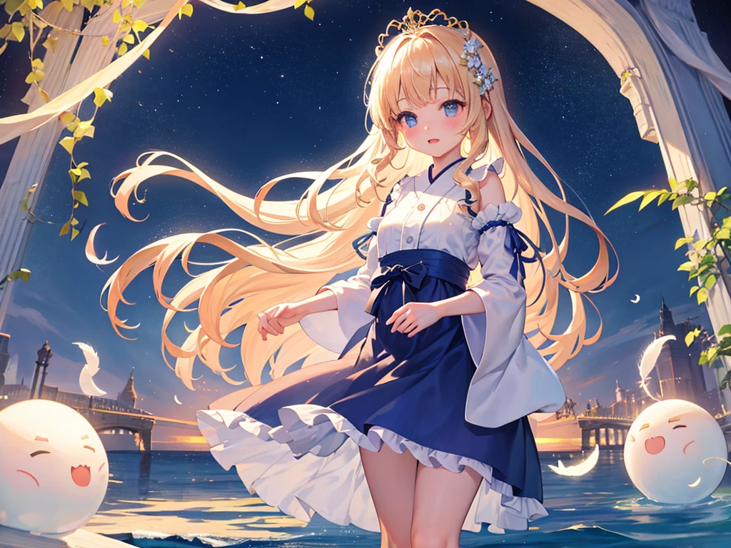 photo realistic, photo realistic, photo realistic, (masterpiece,best quality:1.4),(8k,raw photo,photo realistic:1.2),Not Safe for Work, detailed skin,detailed face,1girl,Japanese idol,cute face,Child,petite, Girl Standing On Water、blonde、Wavy Hair、blue eyes、semi-long、mini skirt、light blue apron dress、beautiful eyes、Sparkling、Standing Girl、one girl、14age、Beautiful scenery、moonlight、A very big moon、high resolution、night view、The Lost City、barefoot、whole body、A blizzard of falling flowers、pretty fingers、beautiful feet、small breasts、girl in return、broken town、Fluttering feathers、frills、