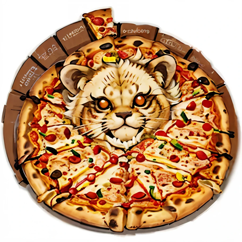 A lion with a round pizza fur, (pizza fur:1.6), (pizza mane:1.5), lion, branding , logo, (roar:1.2), creative, white background, pepperoni, tasty, contemporary, blended colors, professional graphic design, winking