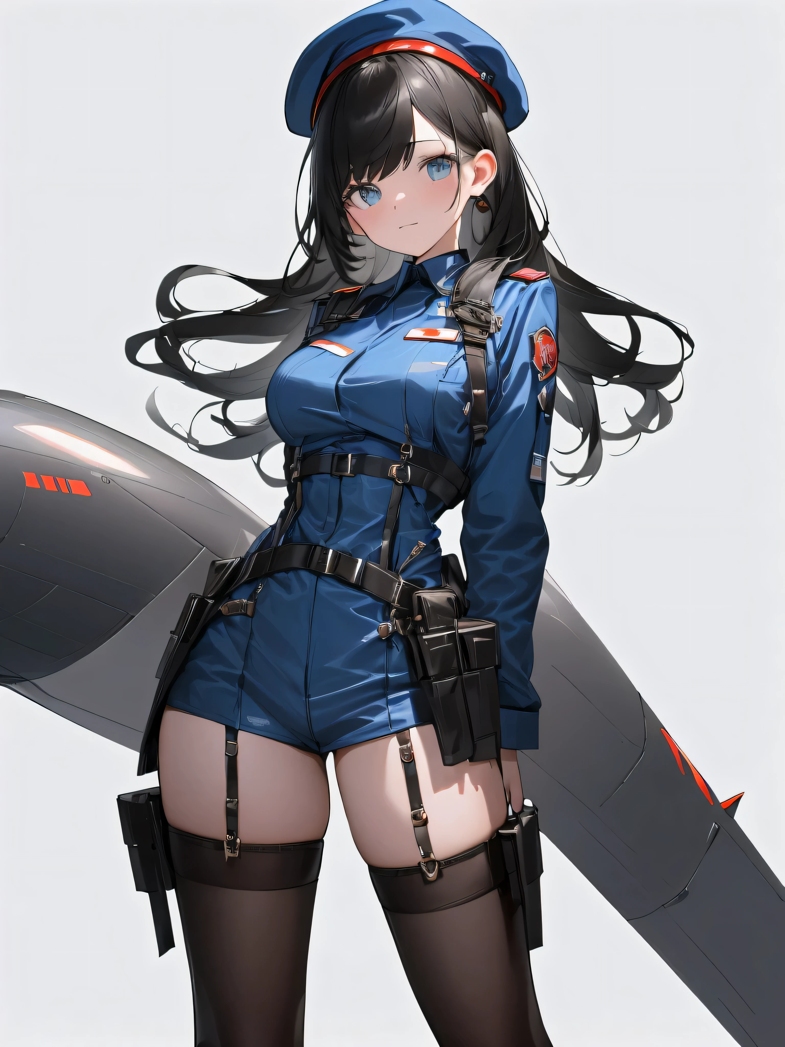 ((Best quality, 8K, Ultra-detailed, Masterpiece: 1.3)), 3 girl, Shiny skin, Sharp, Perfect body beauty, realistic shadow perfect body,("Dark grey and dark blue navy officer uniform,beret,futuristic,Transparent ":1.2),Big_Breasts ,Young girl, short girl,upper legs , indoors, White background,cleavage, standing arms down, fighter pilot harness,M legs， your ass, ("ahoge,Black hair":1.5), portrait shot,(" no background,no object":2)