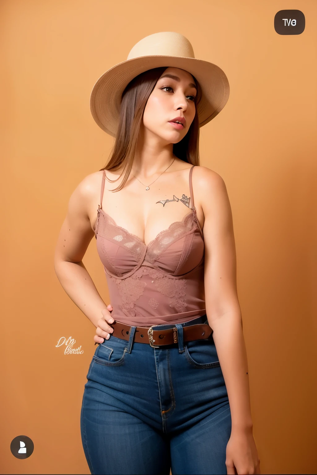 Mujer con sombrero y jeans posando para una foto, modeling photography, con sombrero, vaquera, sexy :8, ella lleva un sombrero, body de colores apagados, encaje, usando una gargantilla y un lindo sombrero, vistiendo una camisola y botas, pose casual, full body photoshoot, modeling shoot, violeta myers, solo photo shoot