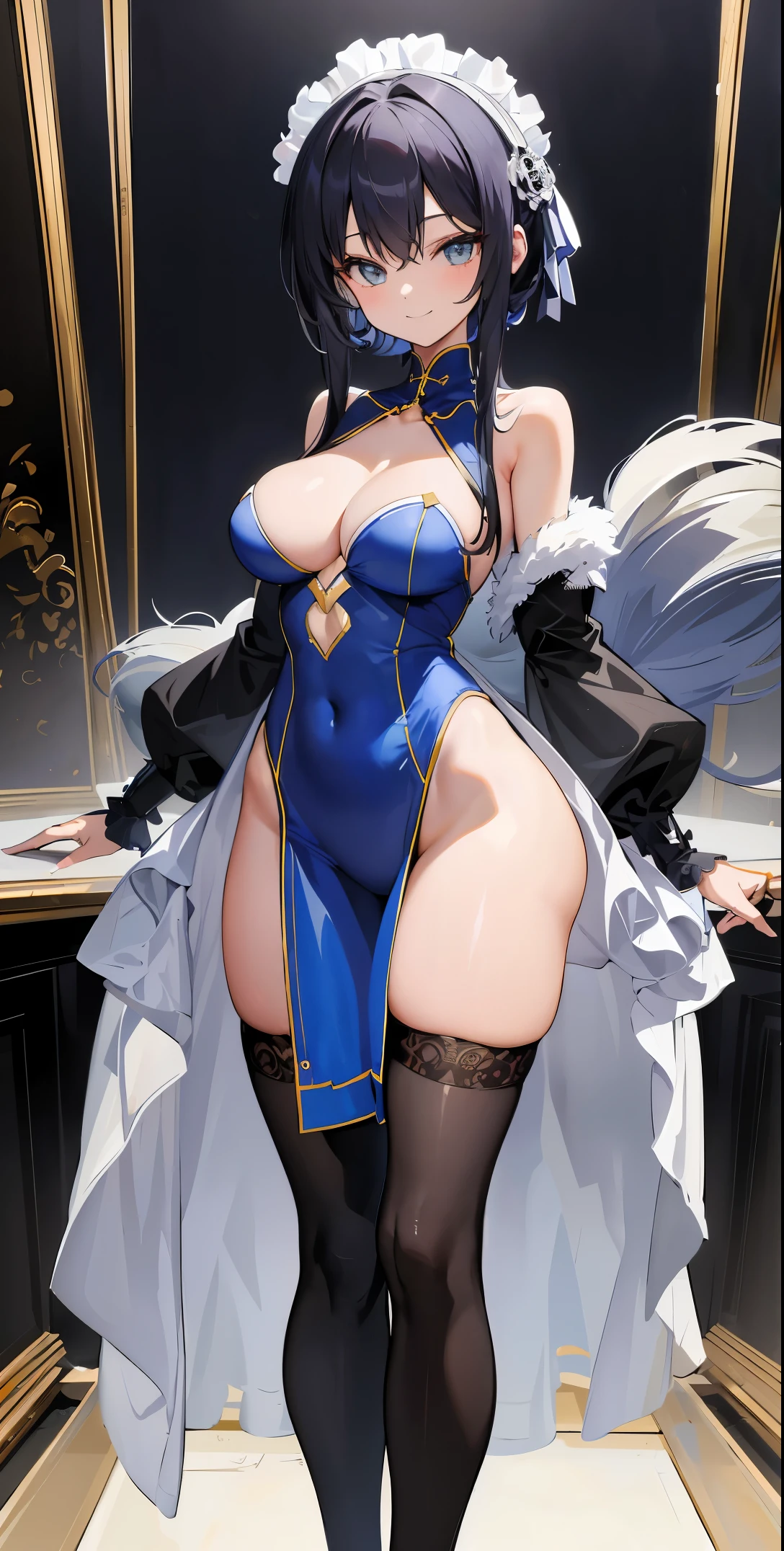 masterpiece of,(perfect :1.4), best quality, expensive_solve, small details, expensively detailed and beautiful, clear_image、((big breasts))、((thigh high socks))、(smile)、(gambler)、((one girl)), (Thighs are visible through the slit)
