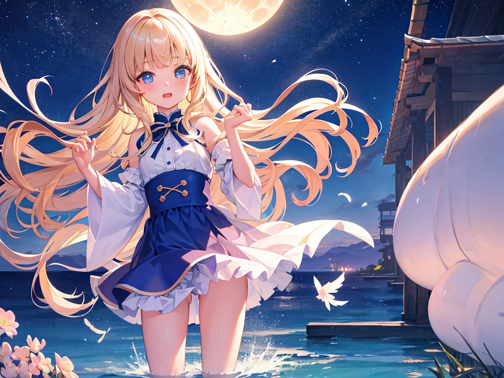 photo realistic, photo realistic, photo realistic, (masterpiece,best quality:1.4),(8k,raw photo,photo realistic:1.2),Not Safe for Work, detailed skin,detailed face,1girl,Japanese idol,cute face,Child,petite, Girl Standing On Water、blonde、Wavy Hair、blue eyes、semi-long、panty shot、white panties、underwear姿、underwear、Panmoro、beautiful eyes、Sparkling、Eyes that seem to be sucked in、Standing Girl、one girl、１４age、Beautiful scenery、moonlight、A very big moon、Beautiful starry sky、shooting star、high resolution、night view、The Lost City、barefoot、whole body、Scattering Flowers、Hanabubuki、pretty fingers、beautiful feet、small breasts、girl in return、broken town、Fluttering feathers、frills、画面全体がSparkling、Lots of feathers、fantasy、mysterious、Face、upper body up、rainbow light、zoom in、Clean mountains、countless stars、Countless lights、