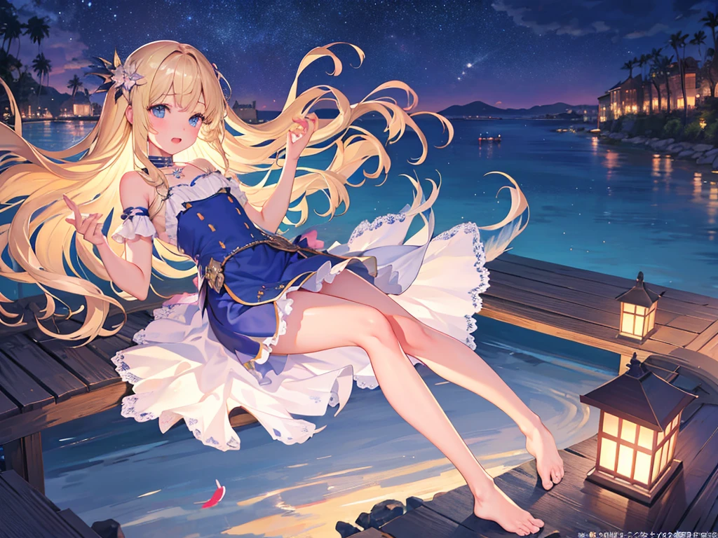 photo realistic, photo realistic, photo realistic, (masterpiece,best quality:1.4),(8k,raw photo,photo realistic:1.2),Not Safe for Work, detailed skin,detailed face,1girl,Japanese idol,cute face,Child,petite, Girl Standing On Water、blonde、Wavy Hair、blue eyes、semi-long、mini skirt、light blue apron dress、beautiful eyes、Sparkling、Standing Girl、one girl、１４age、Beautiful scenery、moonlight、A very big moon、high resolution、night view、The Lost City、barefoot、whole body、A blizzard of falling flowers、pretty fingers、beautiful feet、small breasts、girl in return、broken town、Fluttering feathers、frills、breast enhancement、