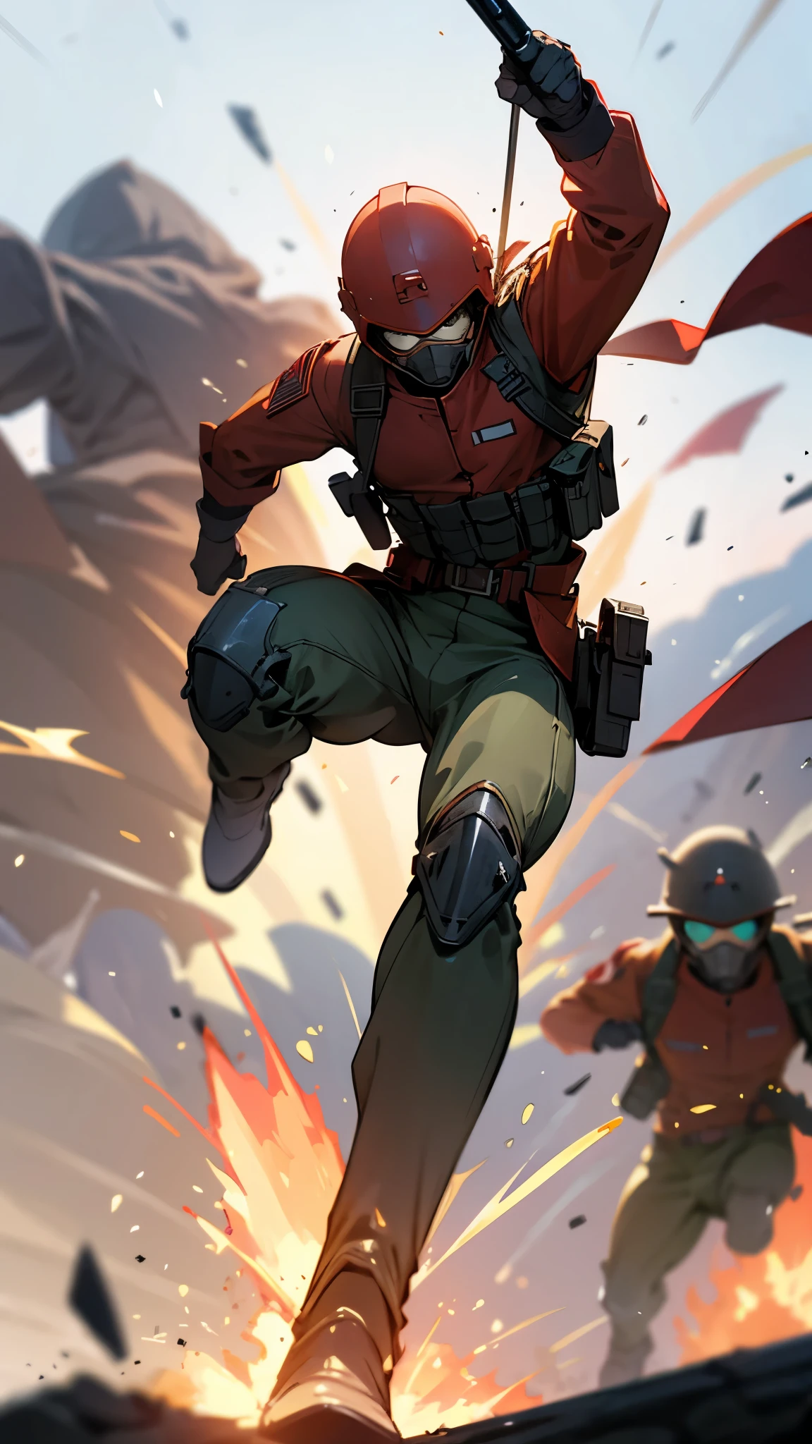 Battlefield, explosions, war, background soldiers, a soldier running and holding gun