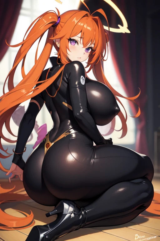 masterpiece, best quality, ultra-detailed, hires, beautiful, detailed hair and eyes, 1girl, purple eyes, (Irina Shidou dxd), antenna hair, orange hair, long hair, twintails, very long hair, (dxd clothes:1.4),full body, sitting, tight black body suit, angel wings and halo, huge breast, huge butt, aegheo