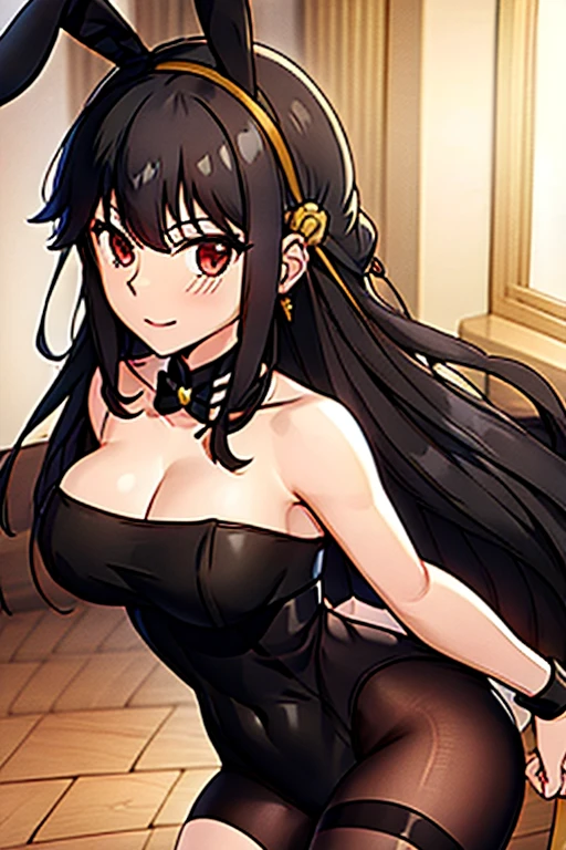 pantyhose, strapless leotard, bunny ears headband, bowtie, wrist cuffs, bunny tail, beautiful face, smiling, highly detailed, HD