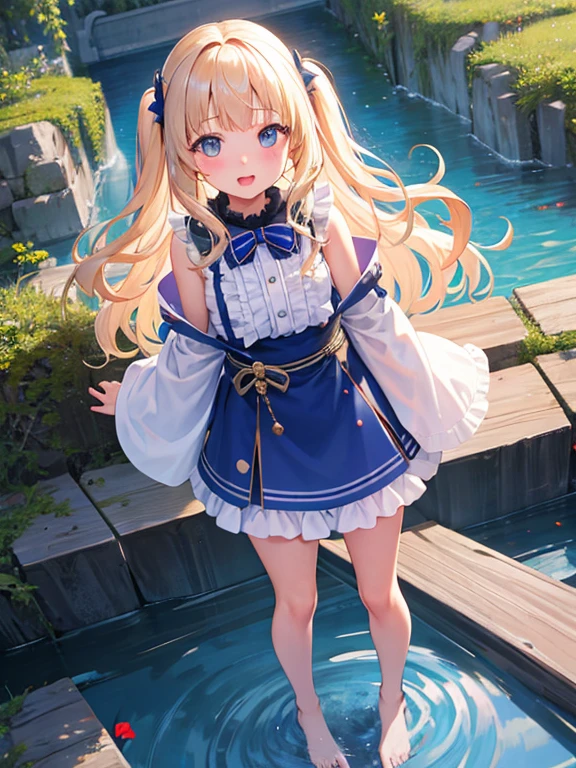 photo realistic, photo realistic, photo realistic, (masterpiece,best quality:1.4),(8k,raw photo,photo realistic:1.2),Not Safe for Work, detailed skin,detailed face,1girl,Japanese idol,cute face,Child,petite, Girl Standing On Water、blonde、Wavy Hair、blue eyes、semi-long、mini skirt、light blue apron dress、beautiful eyes、Sparkling、Eyes that seem to be sucked in、Standing Girl、one girl、14age、Beautiful scenery、moonlight、A very big moon、high resolution、night view、The Lost City、barefoot、whole body、A blizzard of falling flowers、pretty fingers、beautiful feet、small breasts、girl in return、broken town、Fluttering feathers、frills、