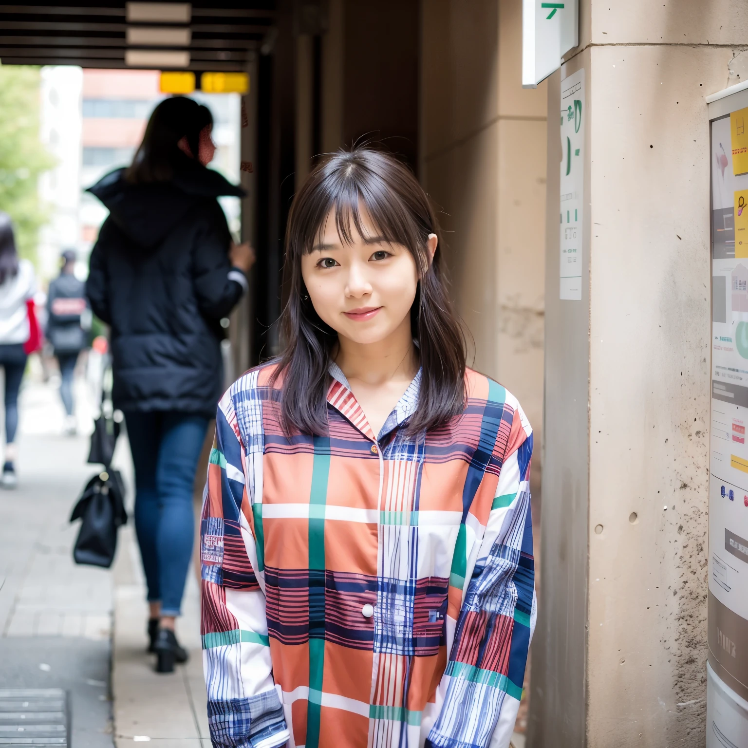 There is a woman standing facing the wall with a smile on her face., Chiho, motto hole, harumi, kimi takemura, Yoshitomo Nara, Chiho ashima, yasumoto oka, tsutomo nihie, kiyoko suzuki, narumi kakinouchi, yuuka kazami
