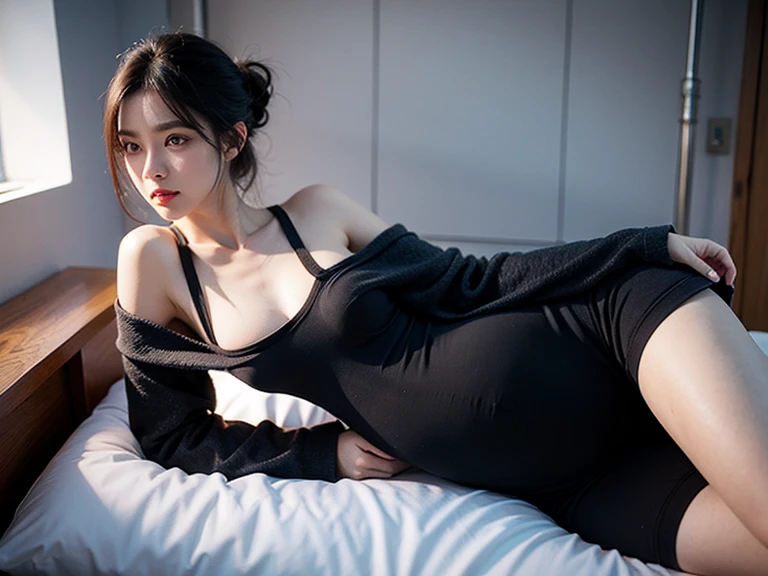 Nice landlady,Pregnant,good body shape,Off-shoulder black suspender pajamas,Alone in the office。3D animation,CG rendering,high definition,high detail,real,front angle